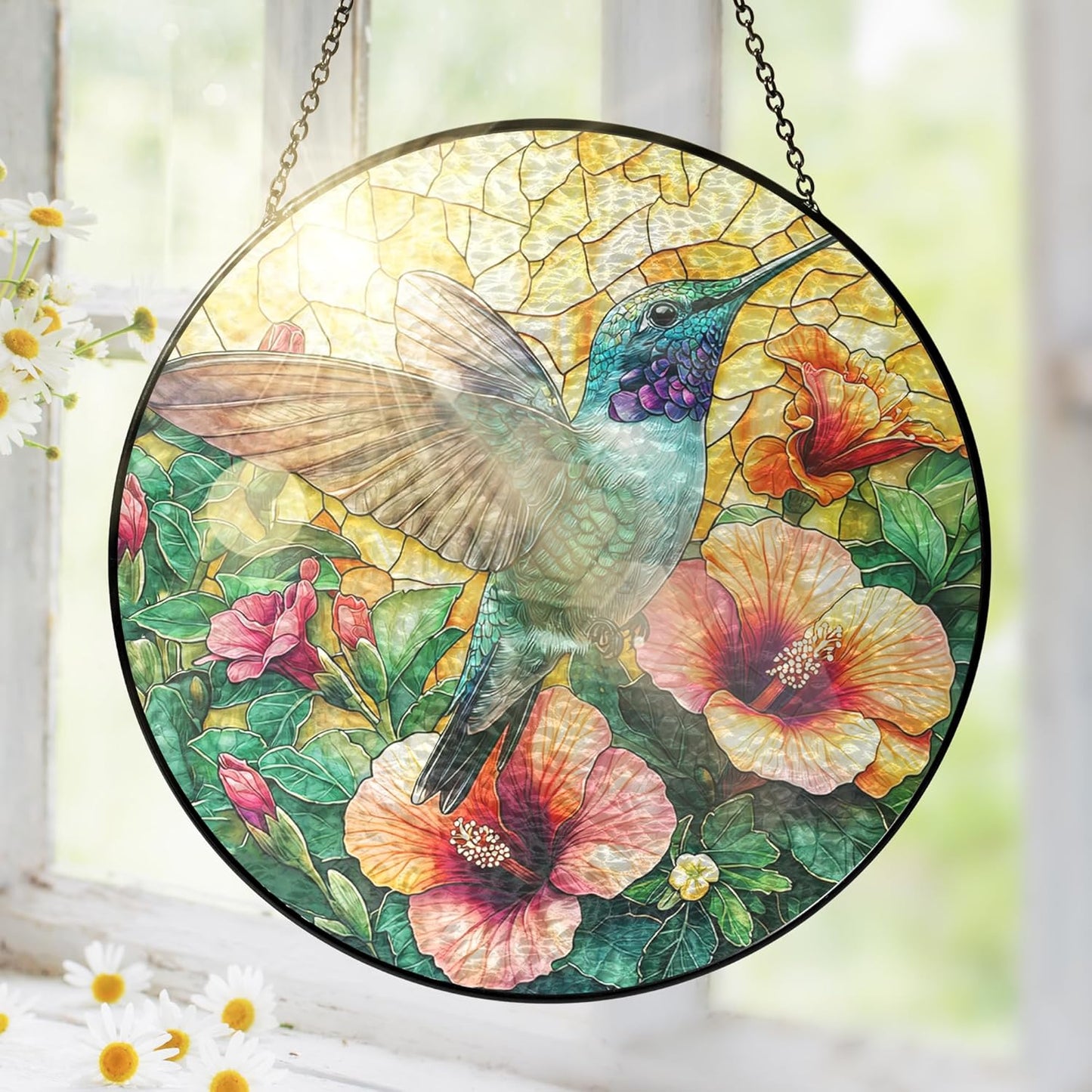 FLAGWIX Christmas Hummingbird Gifts for Women Men - Stained Glass Window Hanging 8 in - Sun Catchers Indoor Window for Home Decor, Hibiscus Hummingbird Suncatcher, Christmas Decorations