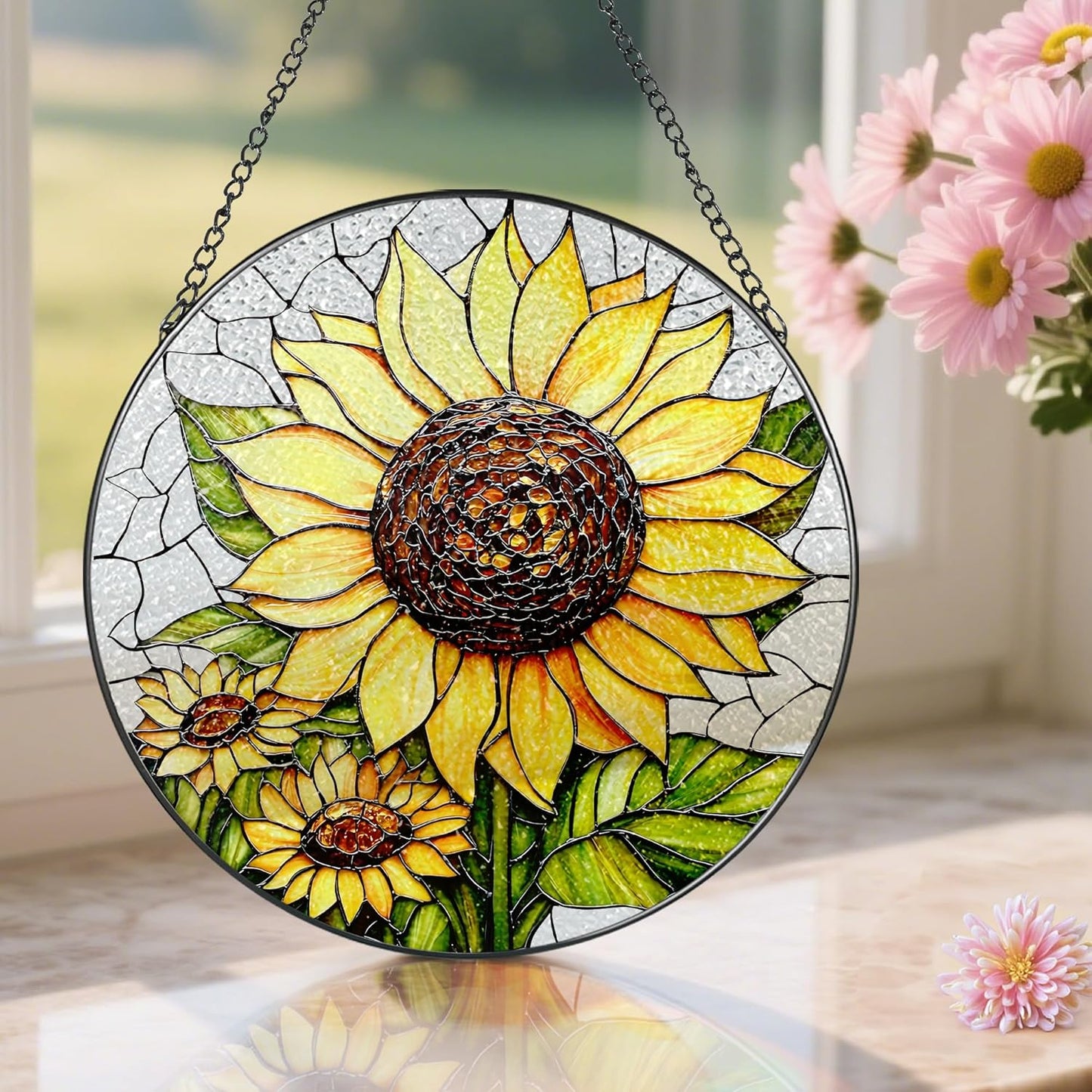 8-Inch Stained Glass Ornament, Stained Glass Window Hanging, Sunflower Ornament, Window Hanging Decor Suncatcher | Mother's Day, Christmas, Birthday, Gifts for Sunflower Plant Lovers
