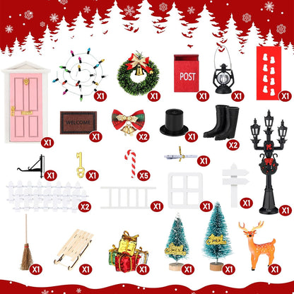 Shappy 39 Pcs Christmas Fairy Door Kit Wooden Elf Fairy Doors Decorations with Accessories Mini Door Tiny Miniature for Christmas Tale DIY Craft Garden Home Party Decoration (Pink)