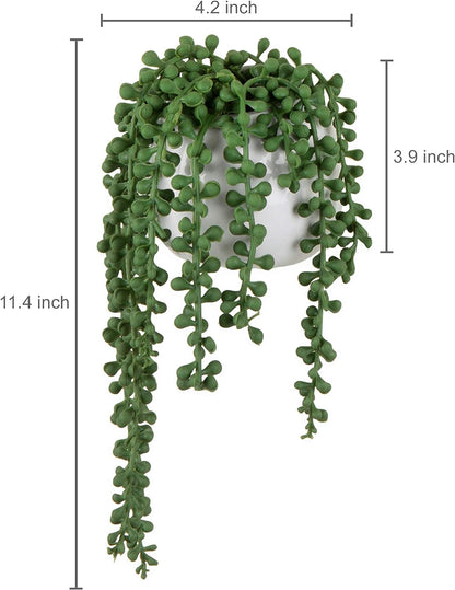 MyGift Artificial Faux String of Pearls Plants in White Ceramic Wall Hanging Planter Pot with Jute Rope, Set of 2