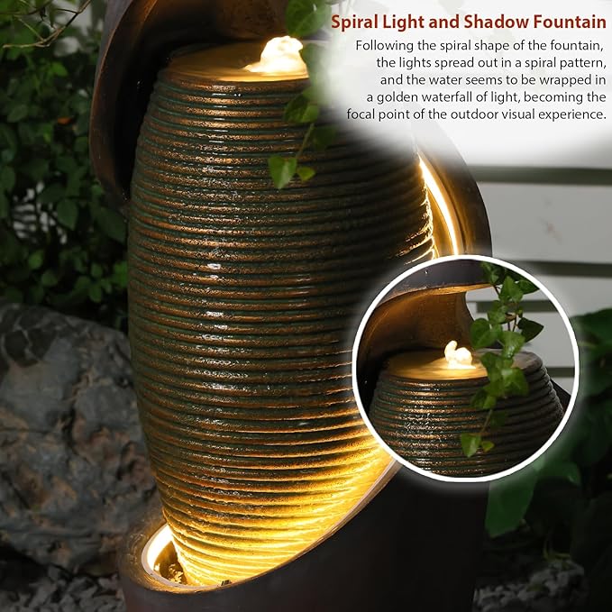29.5’’H Modern Outdoor Fountain - Curved Spiral Waterfall Indoor/Outdoor with LED Light & Planter Bowl, Resin Garden Fountains for Patio, Yard, Backyard, Porch, Home Art Decor, 11.8" L x 11.8" W