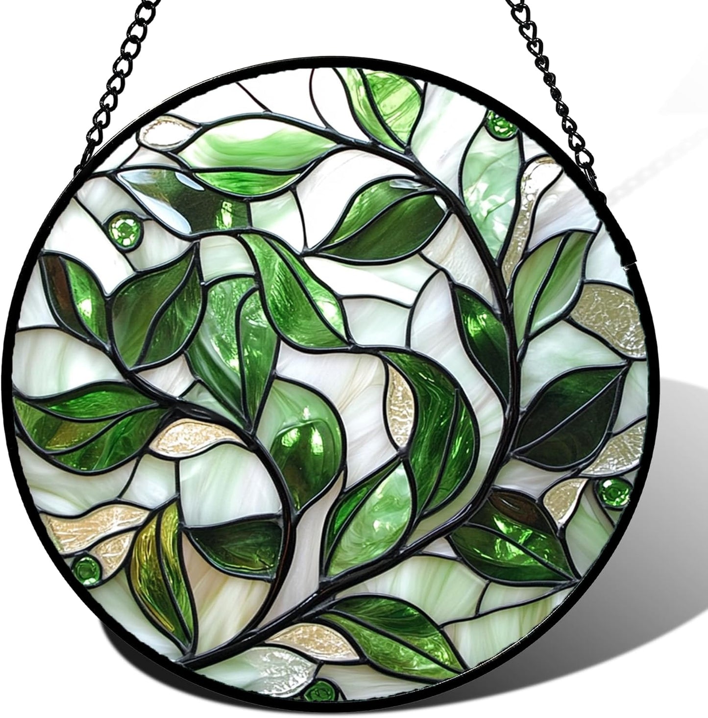 Stained Glass Window Hanging - White Green Leaves Suncatcher for Doors Window Home Plant Sun Catchers Decor Christmas Mother's Day Birthday Gifts for Teacher Women Men Mom Nana 9.8 in