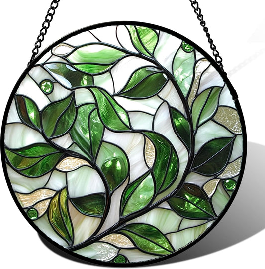 Stained Glass Window Hanging - White Green Leaves Suncatcher for Doors Window Home Plant Sun