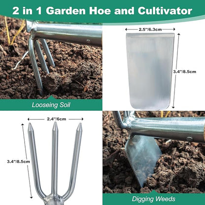 Berry&Bird 2IN1 Hand Tools Hoe and Cultivator, Stainless Steel Garden Hand Tiller and Pickaxes with Wooden Handle, 14''Weeding Hoes for Digging, Loosening Soil, Cultivating, Planting and Farming Tool