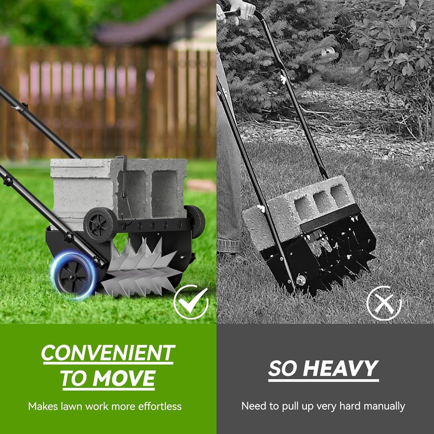 18-Inch Lawn Aerator,Heavy Duty Push Spike Aerator with 4 Wheels,Aerator Lawn Tool with Steel Handle, Manual Aerator Lawn Tool with Foam Armrests, Suitable for Lawn, Garden and Yard