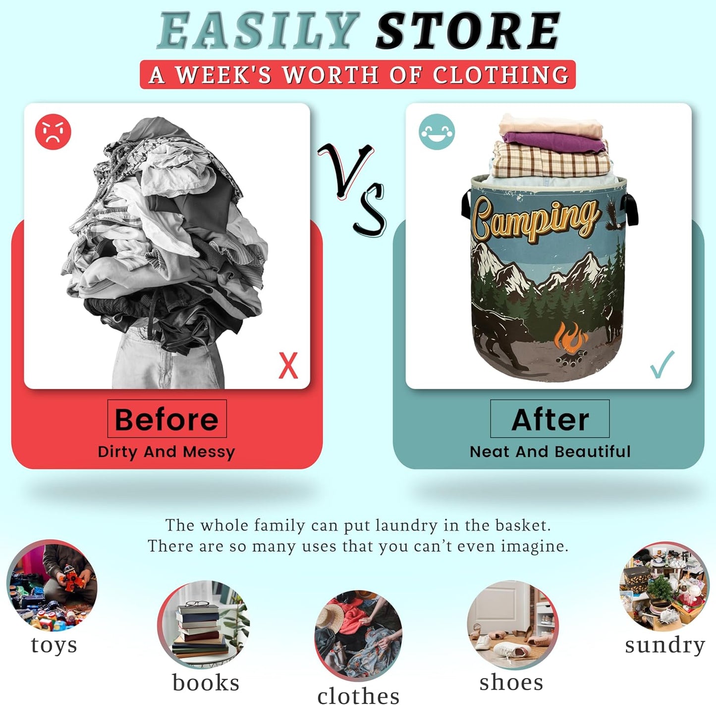 Retro Camping Mountain Bear Laundry Basket Foldable With Handles Tote Bag Oxford Cloth Funny Laundry Hamper Clothes Storage Bucket Toy Organizer For Bathroom/Laundry/Bedroom 18.9" x 16.5 "