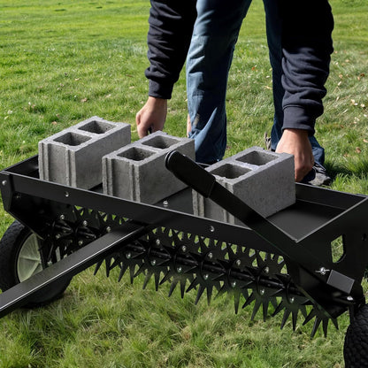 YITAMOTOR 40" Tow Behind Spike Aerator, Durable Lawn Aerator for Soil Penetrator with Transport Wheels & Galvanized Plug Coring Tines & Universal Hitch Tow Bar & Side Control Handle for ATV,Black