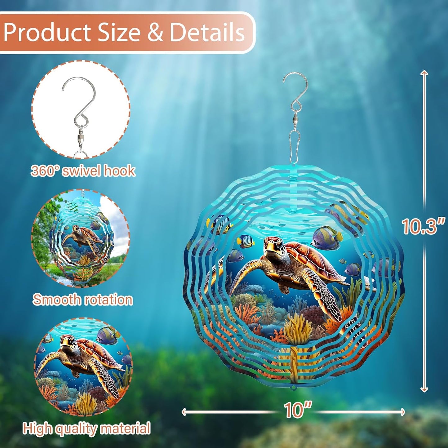 3D Sea Turtle Wind Spinner 10 Inch Ocean Theme Metal Art Stainless Steel Kinetic Art Hanging Spinner for Indoor and Outdoor Garden Decoration