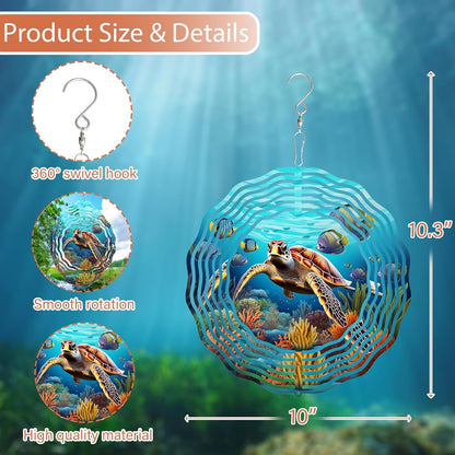 3D Sea Turtle Wind Spinner 10 Inch Ocean Theme Metal Art Stainless Steel Kinetic Art Hanging Spinner for Indoor and Outdoor Garden Decoration