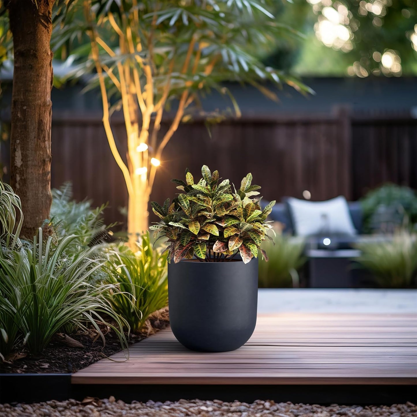 Kante 11.0" Round Concrete Planter, Large Cylinder Plant Pot with Curved Bottom and Drainage Hole, for Indoor and Outdoor Use – Garden or Patio, Charcoal Finish with Warm Brown Interior