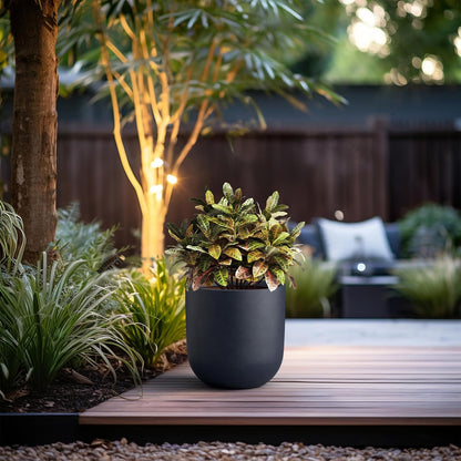 Kante 11.0" Round Concrete Planter, Large Cylinder Plant Pot with Curved Bottom and Drainage Hole, for Indoor and Outdoor Use – Garden or Patio, Charcoal Finish with Warm Brown Interior