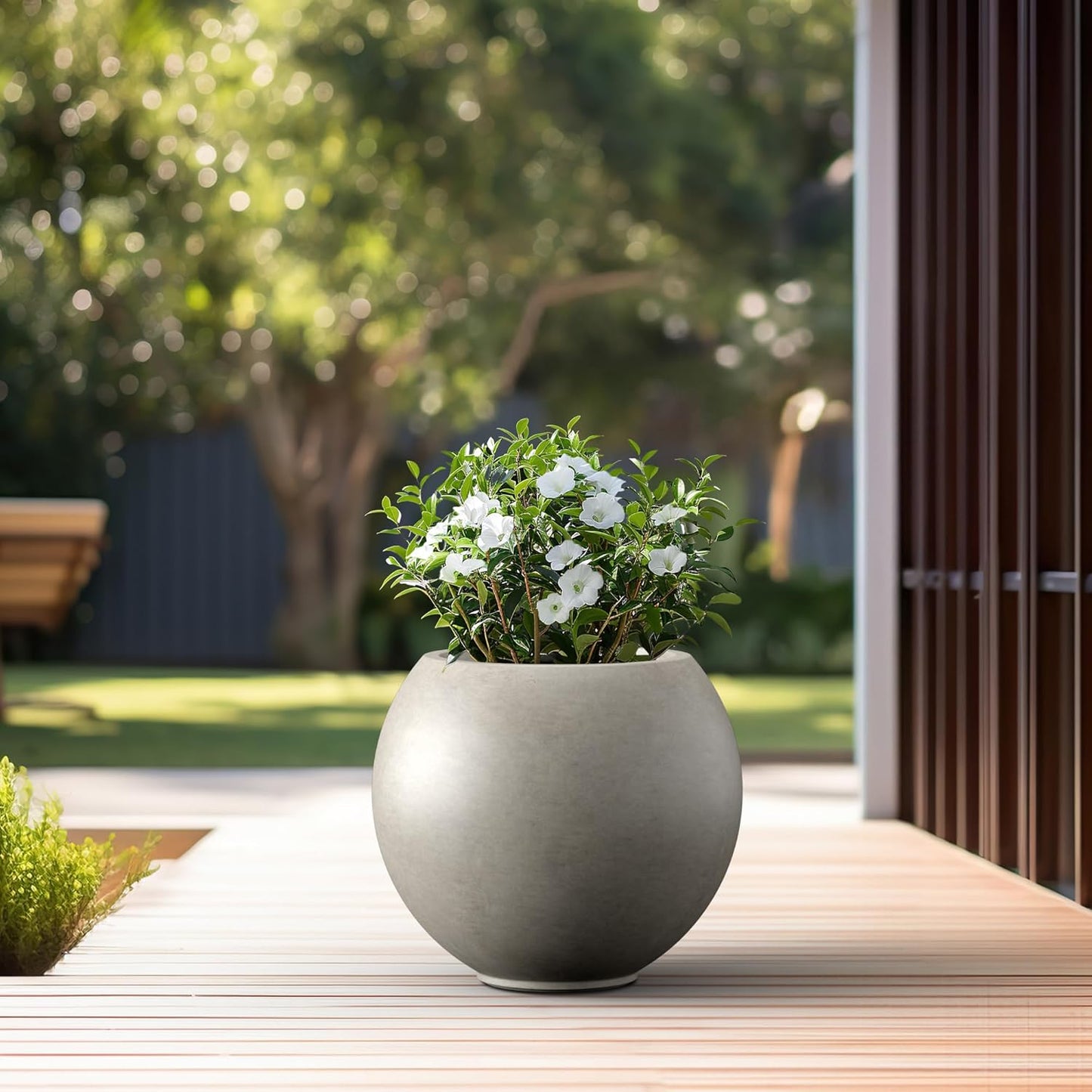 Kante Round Concrete Flower Pot, 19.3 Inch Dia (14" Opening) Sphere Shape Design Planter with Drainage Hole and Rubber Plug for Outdoor Plants, Weathered Concrete Finish with Warm Brown Interior
