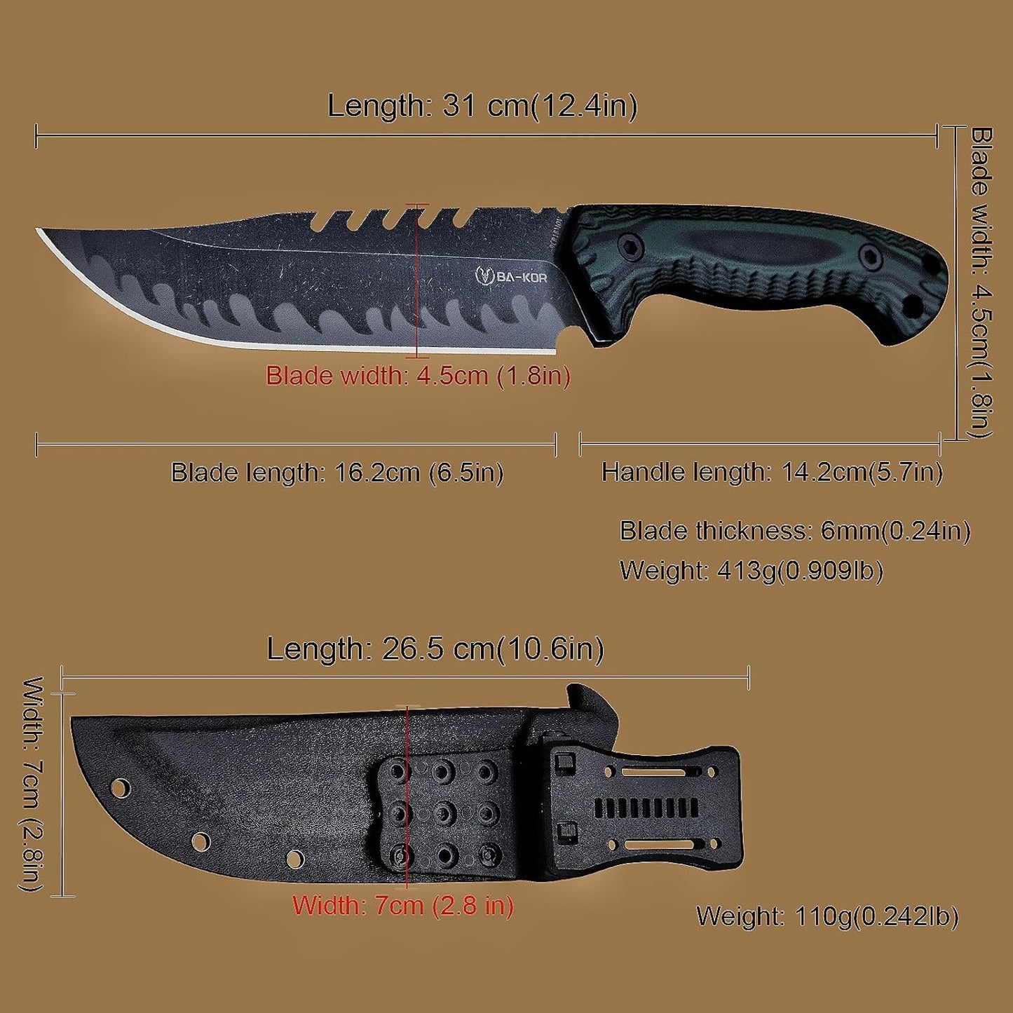 BA-KOR 12.4in Full Tang Fixed Blade Hunting Knife – 6mm 9CR18MoV Steel, G10 Handle, Stonewashed Sawback Blade with Kydex Sheath & Fire Starter for Outdoor, Camping, Survival (Green and black stripes)