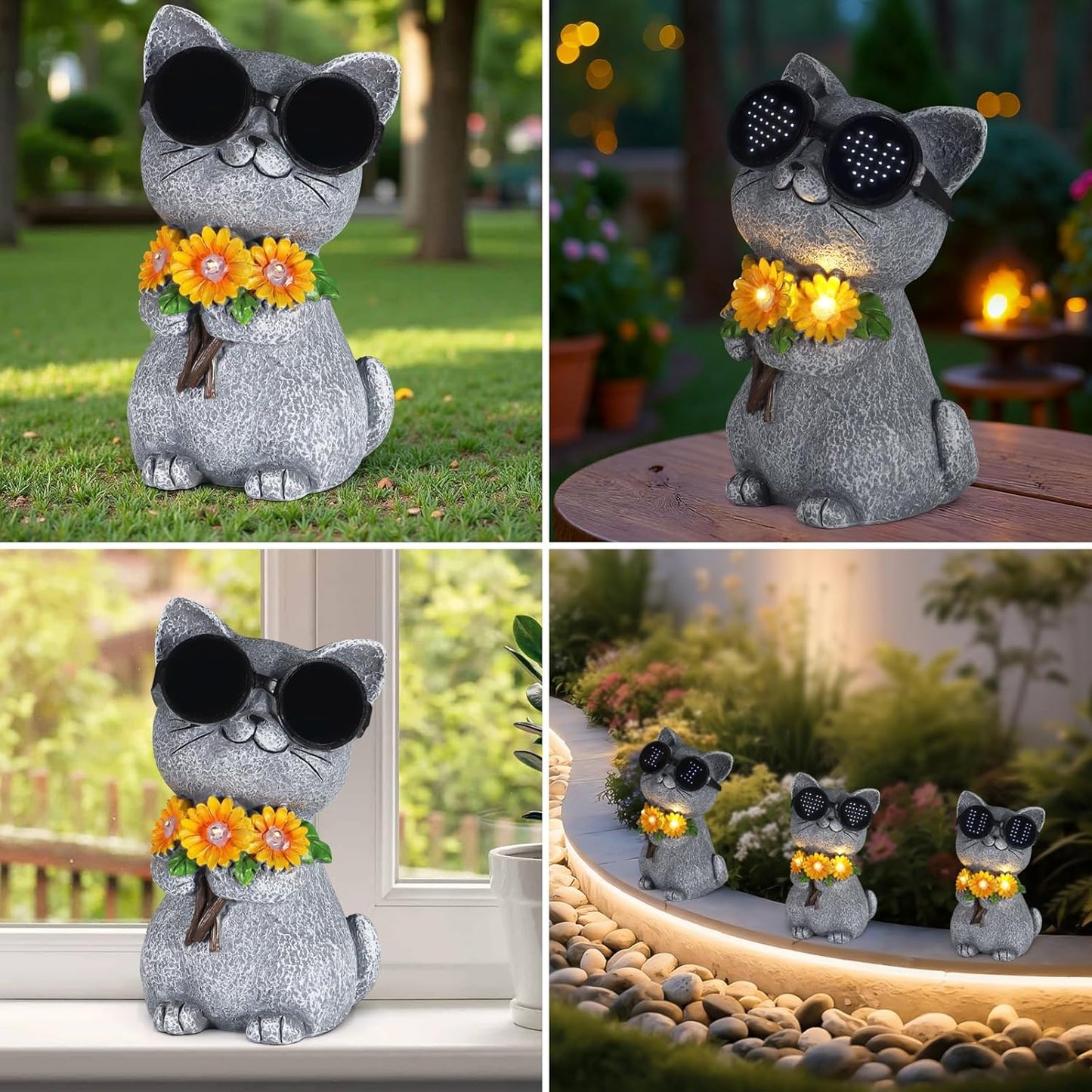 Solar Garden Statues Cat with Daisy and LED Lights Birthday Gifts for Women Mom Grandma Solar Outdoor Decor for Patio Backyard Yard Lawn Decoration-Unique Housewarming Gifts