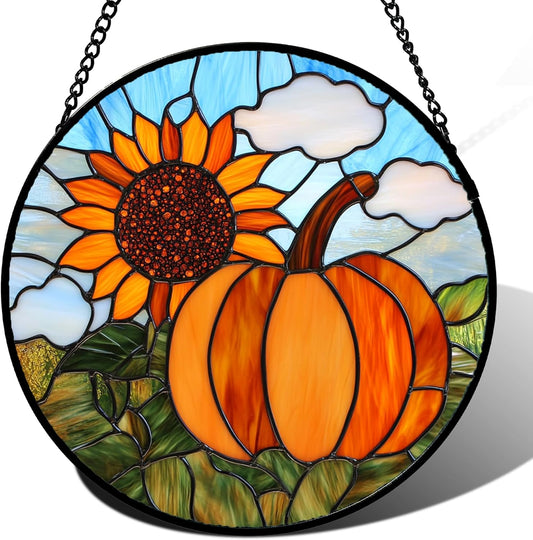 Stained Glass Window Hanging Fall Farm Scenery Sunflower Pumpkin 7.8" - Suncatcher Door Garden