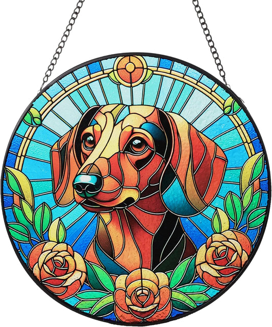 Stained Glass Dog Memorial Suncatcher,Dachshund Window Hanging,Sympathy Gifts for Pet Loss,7.9