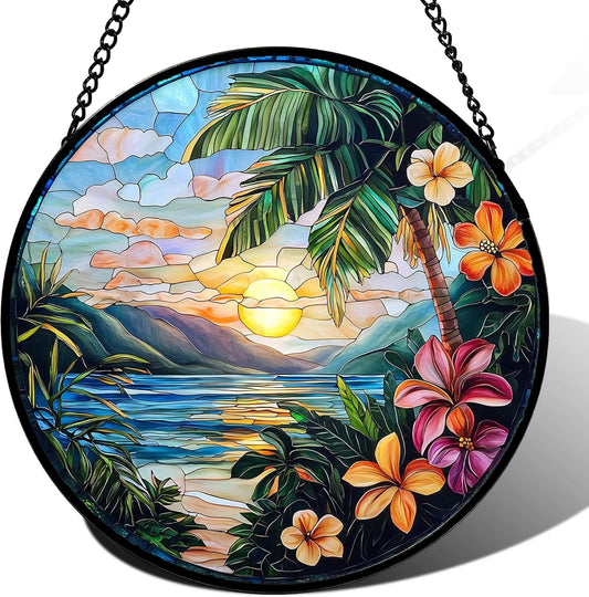 Stained Glass Window Hanging, Colorful Landscape Suncatcher for Doors Home Sun Catchers Decoration
