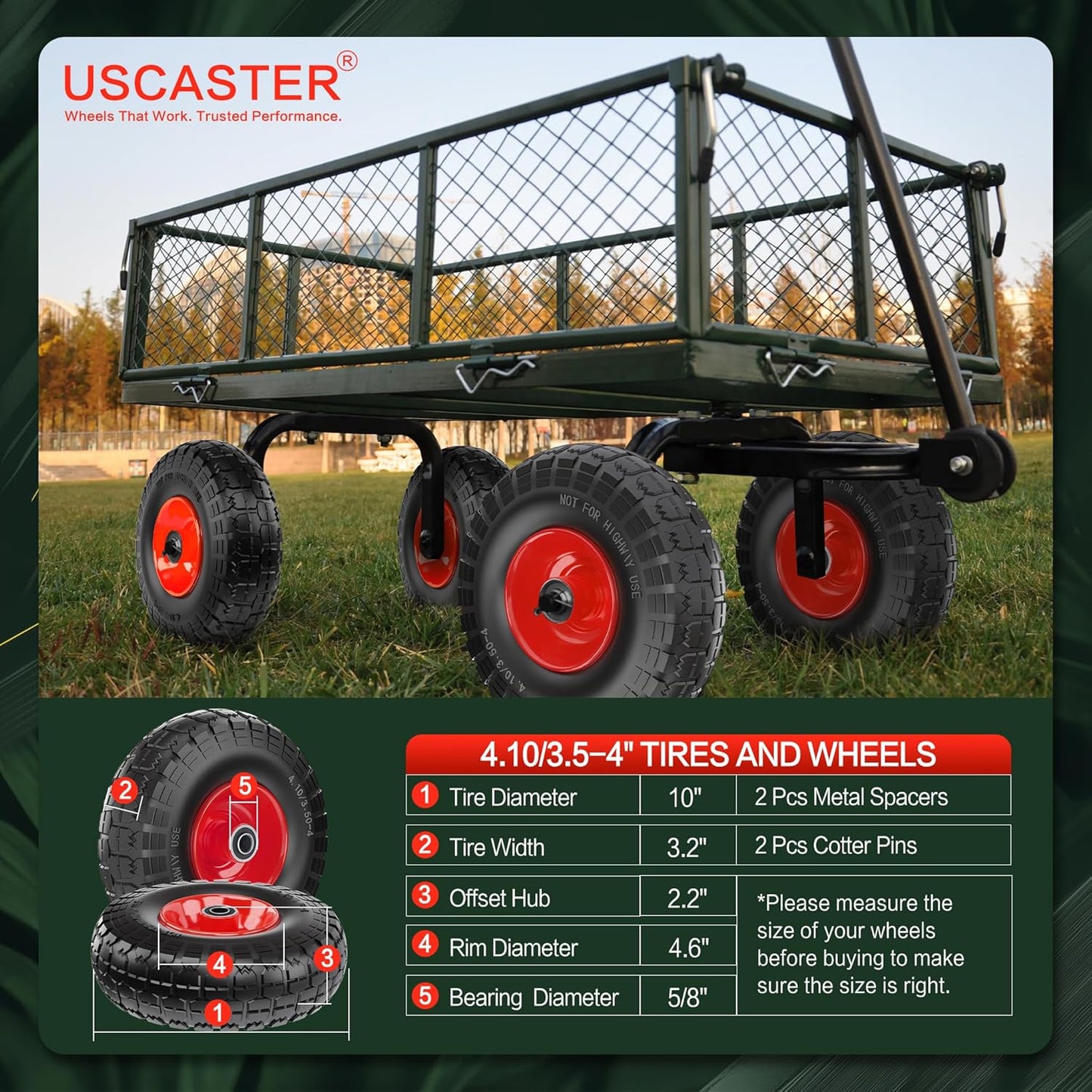 4.10/3.50-4 Tire and Wheel Flat Free,10-Inch Solid Wheel Replacement with 5/8 Bearings,2.2" Offset Hub -Compatible with Hand Truck,Wheelbarrow,Dolly(Red)