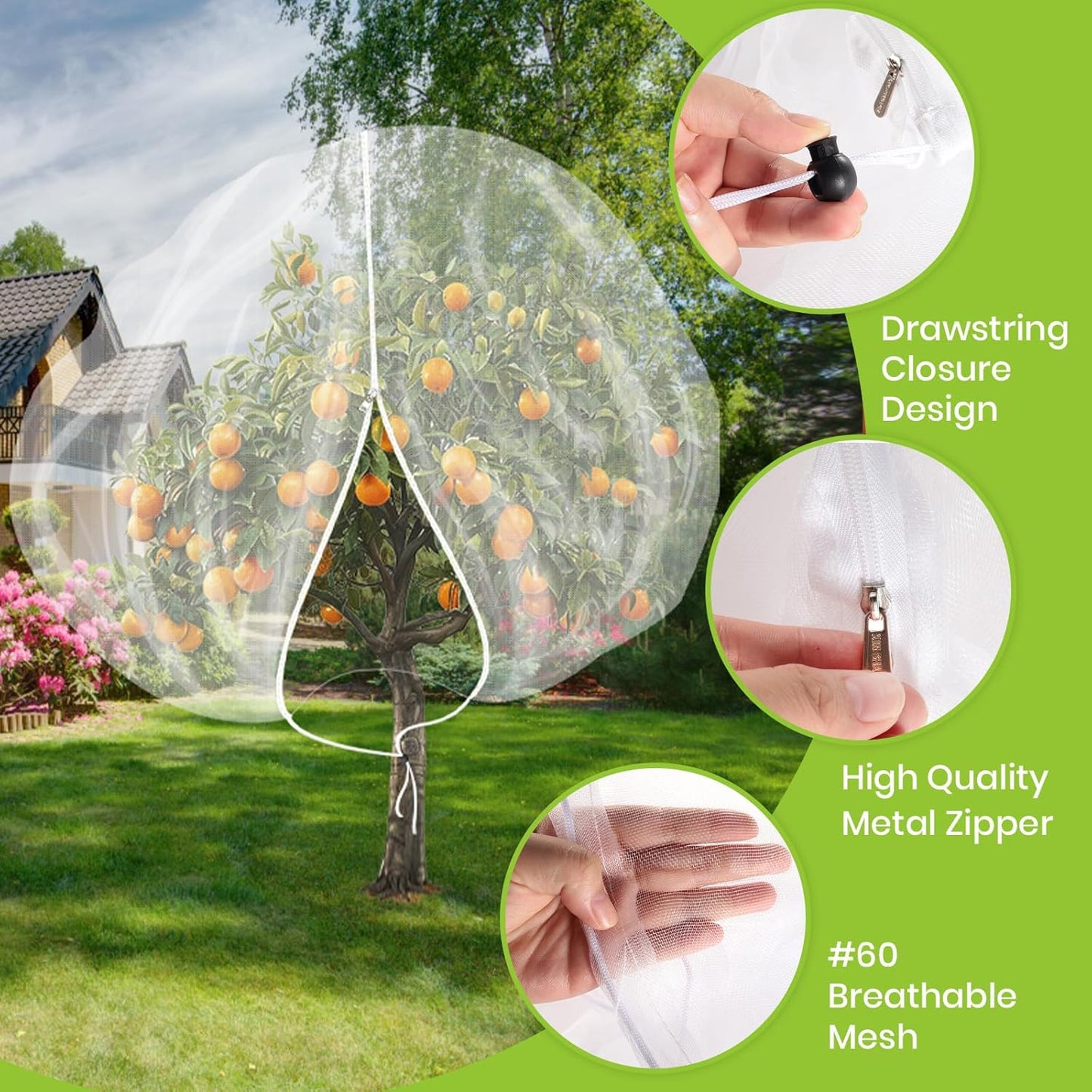2Pcs Large 8x8ft Fruit Tree Netting Cover with Zipper, Rope, Lock Buckle - Mesh Bags for Garden Protection - Insect Bird Plant Netting for Garden, Fruit Trees, Blueberry Bushes, Flower