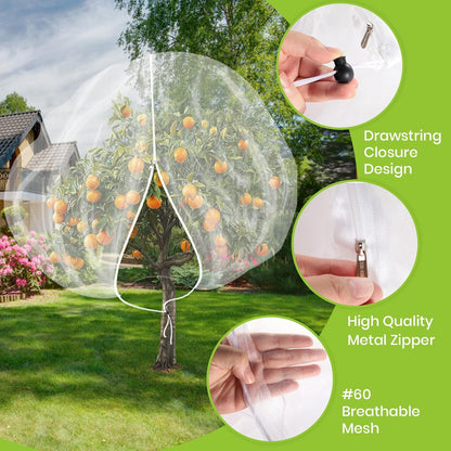 2Pcs Large 10x10FT Fruit Tree Netting with Zipper, Drawstring - Mesh Bags Covers for Garden Protection - Insect Bird Tree Nets for Fruit Trees, Blueberry Bushes, Flower and More