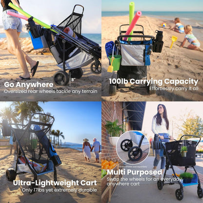 Strolee Large Wheeled Collapsible Beach Cart for Soft Sand, Shopping, Camping & Garden- Lightweight Aluminum Frame- Removable Storage Bag with Carrying Straps, X-L Capacity & Cooler Rack (Blue)