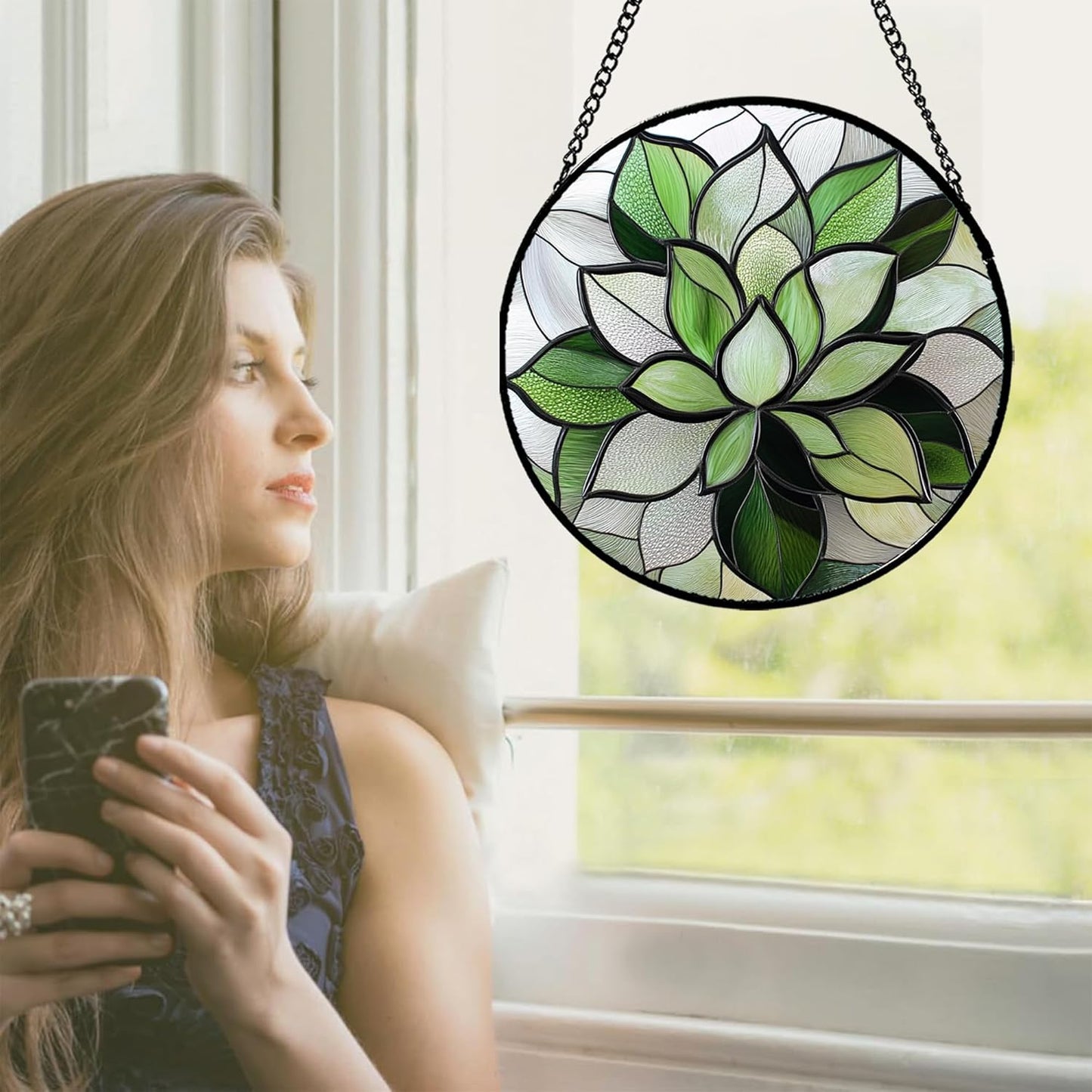 Stained Glass Window Hanging - Green Succulent Plants Suncatcher for Doors Garden Patio Floral Sun Catchers Decor Christmas Mother's Day Birthday Gifts for Women Men Mom Nana Friend 7.8 in