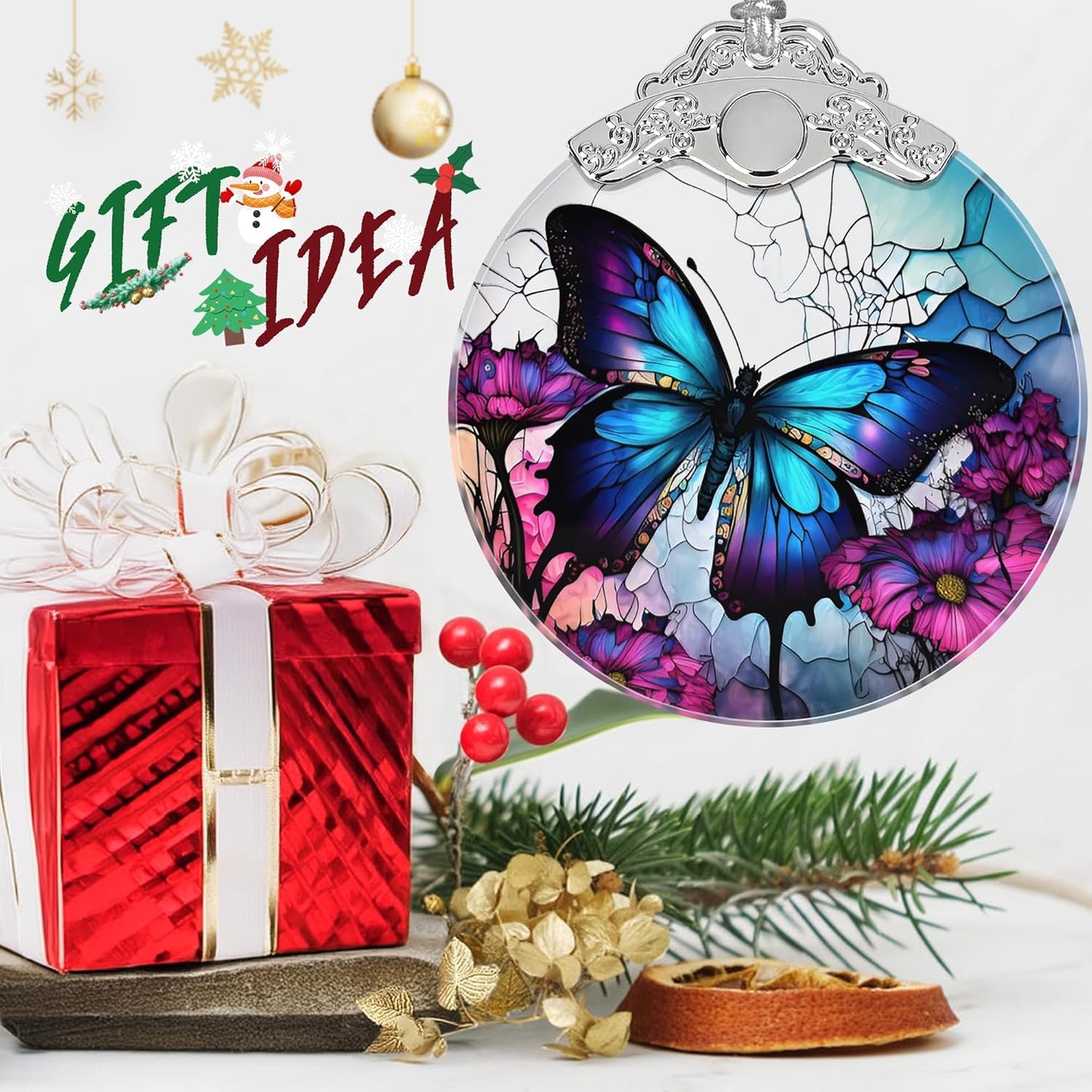 Stained Glass Suncatcher Ornament - Butterfly Christmas Decorations - Christmas Ornaments for Tree - Holiday Present Ideas - Gift Exchange