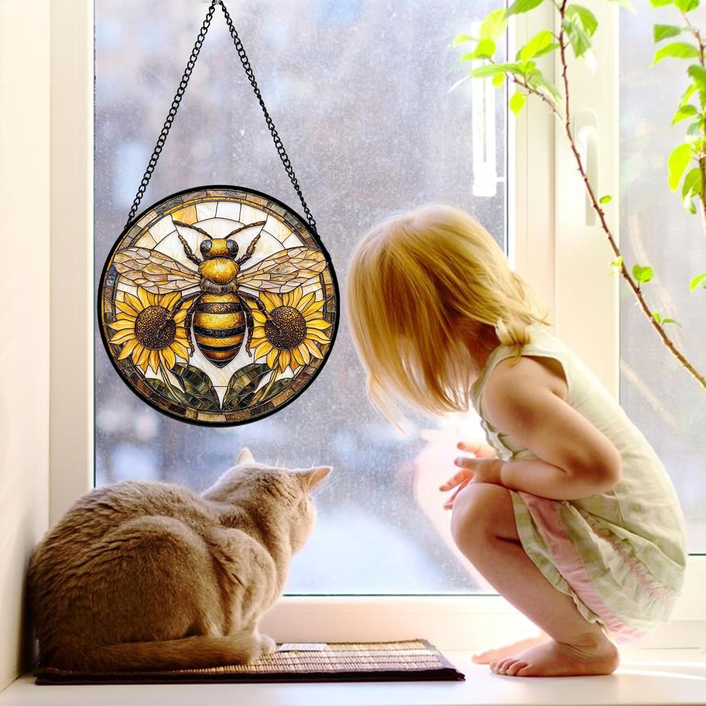 Stained Glass Window Hanging - Bee Sunflower Yellow Suncatcher Ready to Hang Window Doors Home Decoration and Christmas, Mother's Day Birthday Gifts for Women, Men, and Mom 9.8x9.8 in