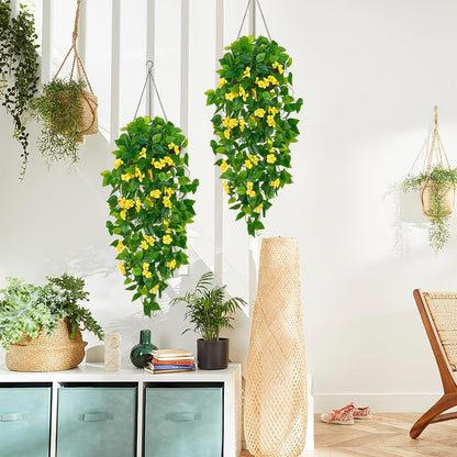 BLEUM CADE Artificial Hanging Flowers for Outdoors, 2pcs Fake Hanging Plants Pothos Vines with Yellow Flowers for Wall Home Living Room Indoor Outdoor Decor (No Baskets)