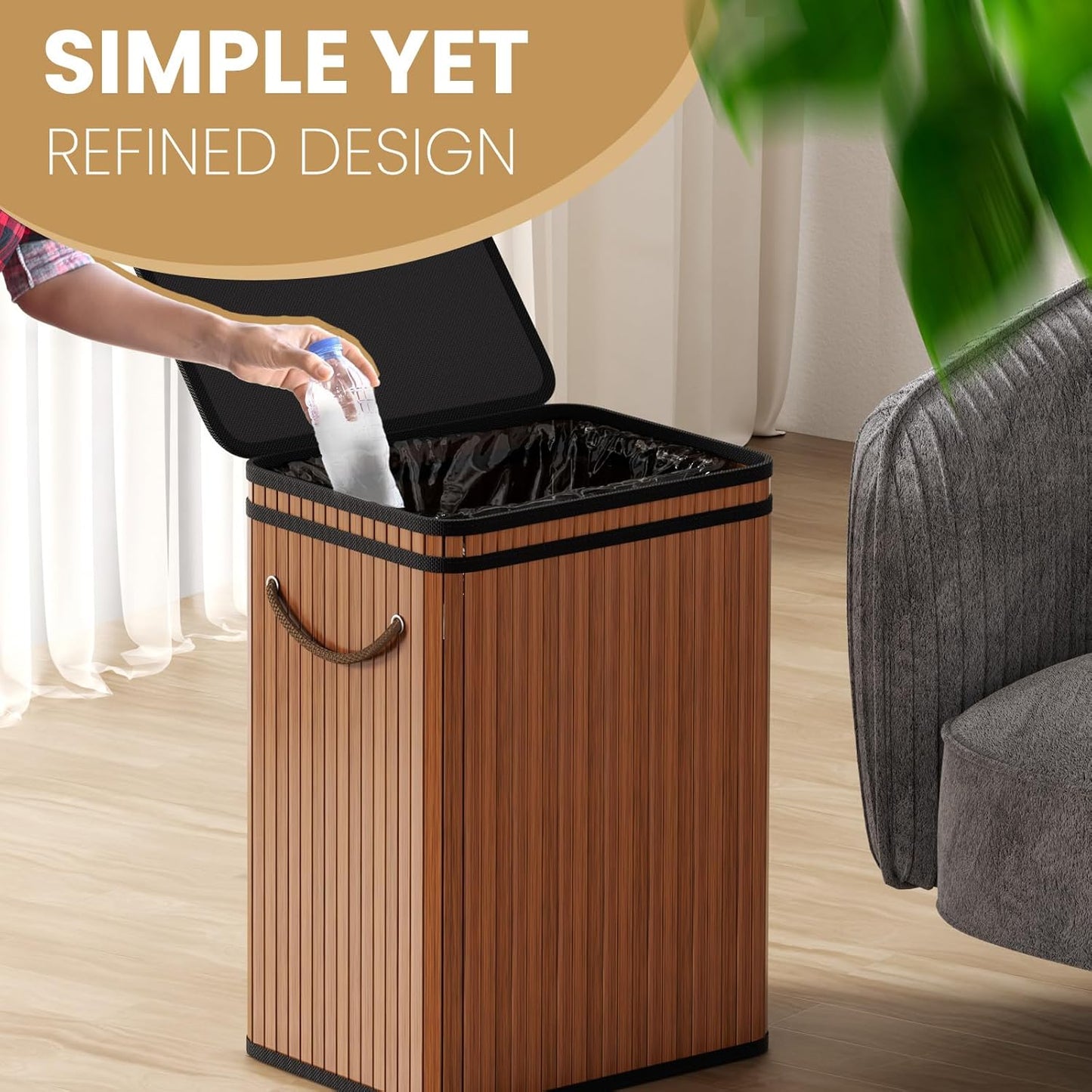 80 Liter/21 Gallon Large Trash Can with Lid, Garbage Bin Wastebasket Made of Bamboo, Outdoor Garbage Can/Waste Bin for Home, Office, Bathroom, Kitchen 24" HX15.8 WX11.8 D (Advanced Walnut)