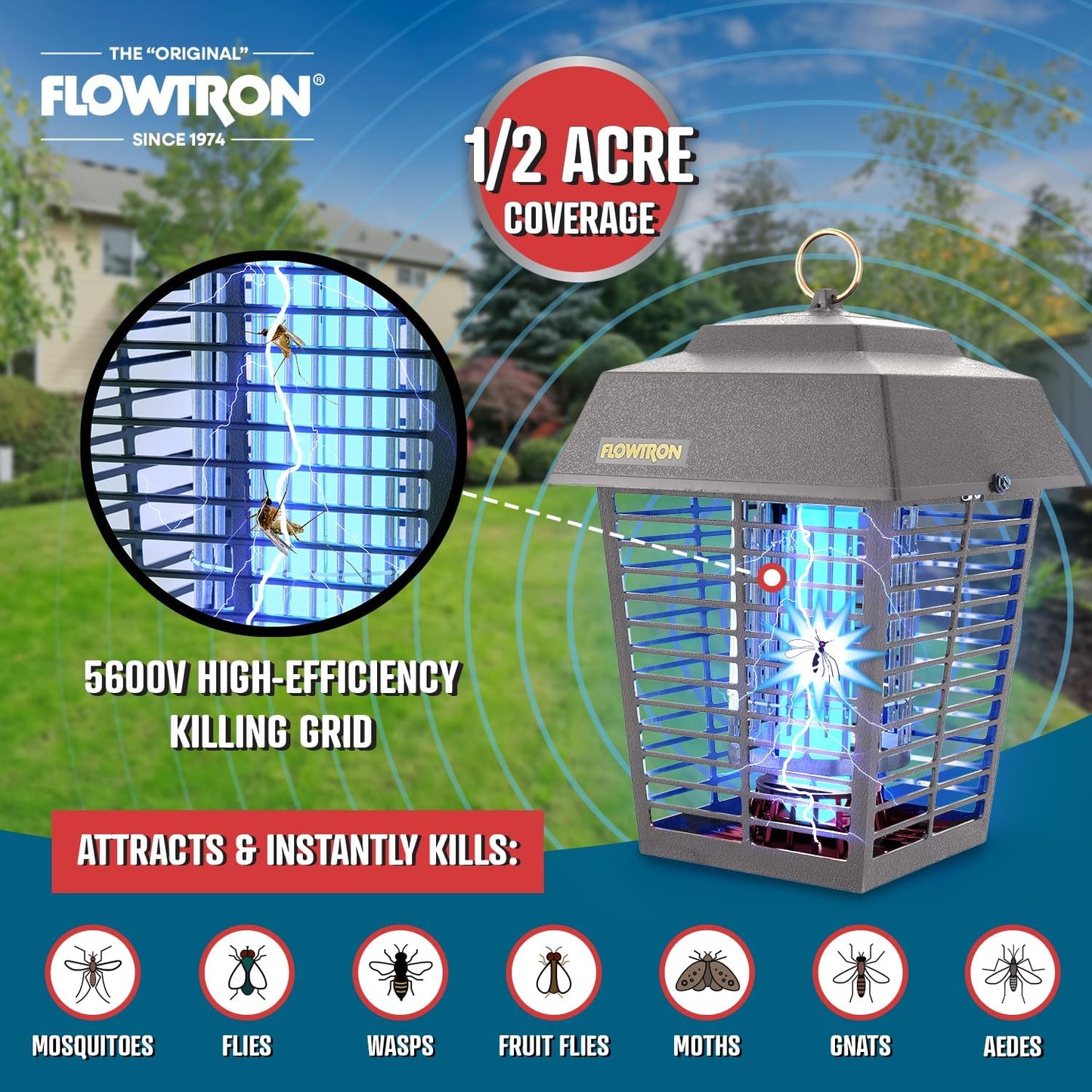 Flowtron Electric Bug Zapper 1/2 Acre Outdoor Insect Control with Dual Lure Method, 15W UV Light & Octenol Attractant for Fly & Mosquito, 5600V Kill Grid, Made in USA, UL Certified - Grey Color
