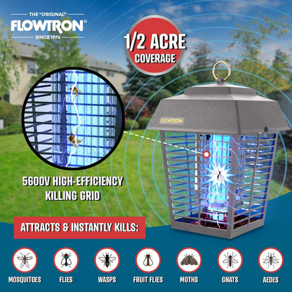 Flowtron Electric Bug Zapper 1/2 Acre Outdoor Insect Control with Dual Lure Method, 15W UV Light & Octenol Attractant for Fly & Mosquito, 5600V Kill Grid, Made in USA, UL Certified - Grey Color