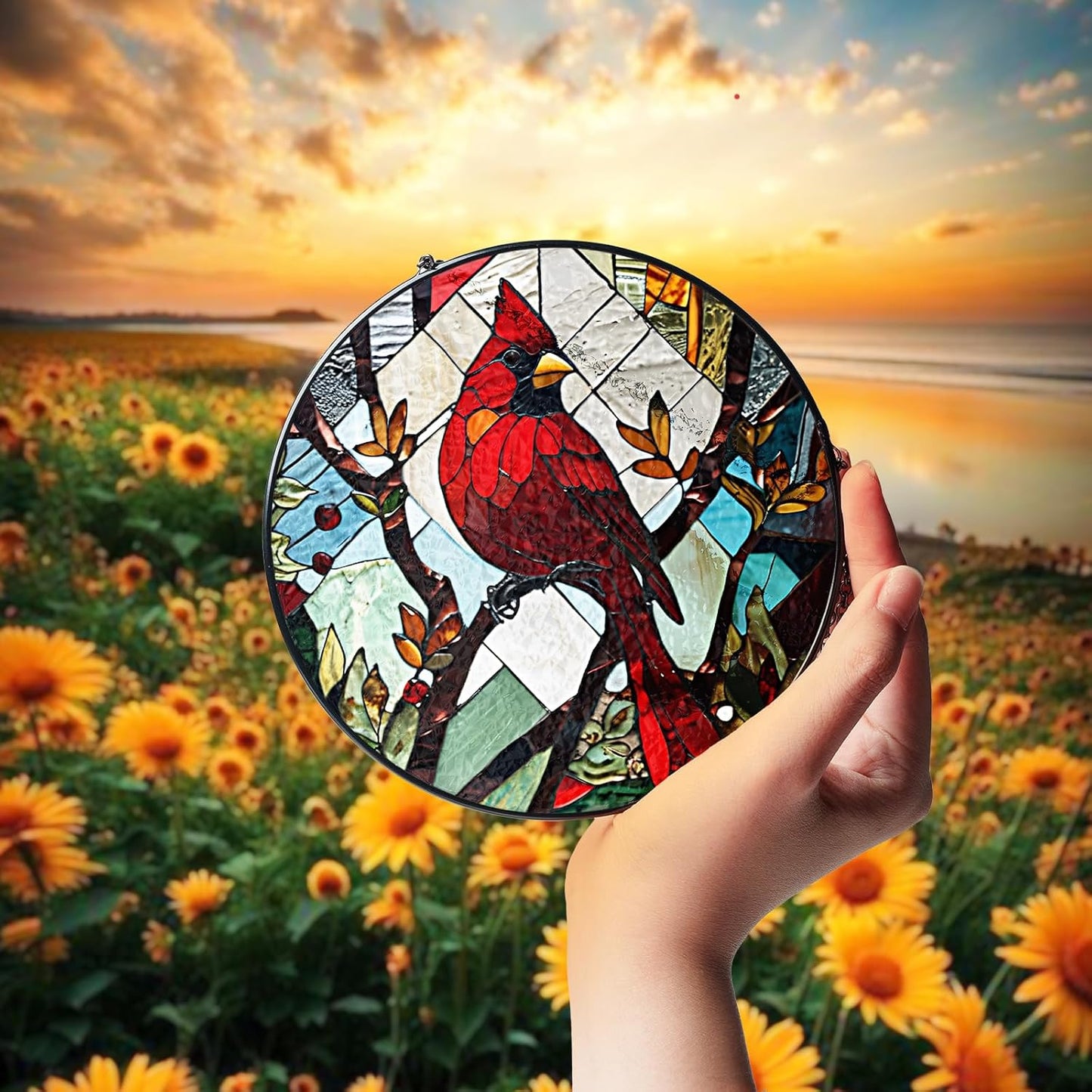 7.8" Red Cardinal Stained Glass Suncatchers Art Glass Red Bird for Sun Catcher Indoor Window Gift for Pet Animal Nature Floral Lovers Women Grandma Mom Friend Painted Panel Décor BIRD-05B-SG8