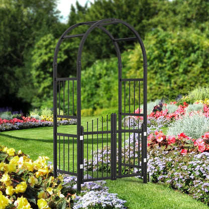 VINGLI Garden Arbor with Gate, PVC Frame Trellis Garden Arch for Plant Climbing, Vinyl Pergola Wedding Arch Backdrop Standing for Backyard, Lawn, Event (Black)