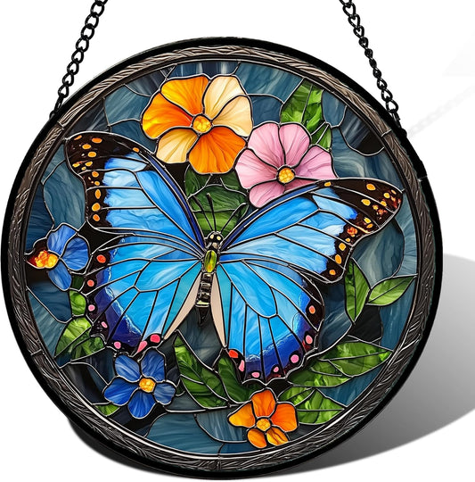 Stained Glass Window Hanging, Blue Butterfly Flower Suncatcher for Doors Home Sun Catchers