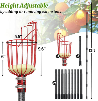 Fruit Picker, Fruit Picker Pole with Basket Extendable Long Handle, Easy to Assemble & Use Fruits Picker Tool for Orange Lemon Apple Mango Avocado (13FT)
