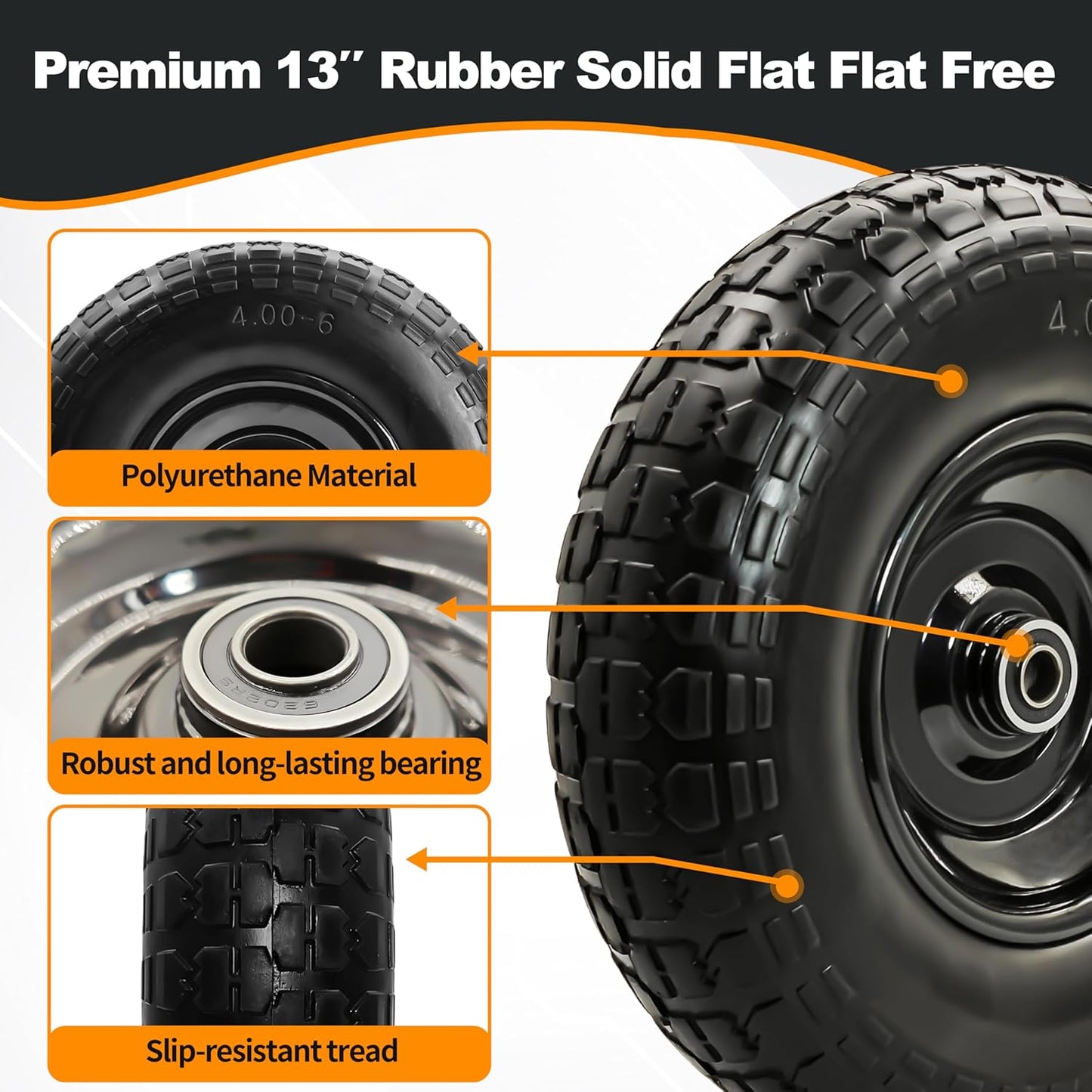 2PC 4.00-6 Flat-Free Tires and Wheels,13" Rubber Solid Tire, with 5/8" & 3/4" Bearing, 1.8"-5.8" Centered Hub Length, 4.00-6 tire and wheel Fit for Gorilla Cart, Garden Cart/Hand Truck/Wheelbarrowetc.