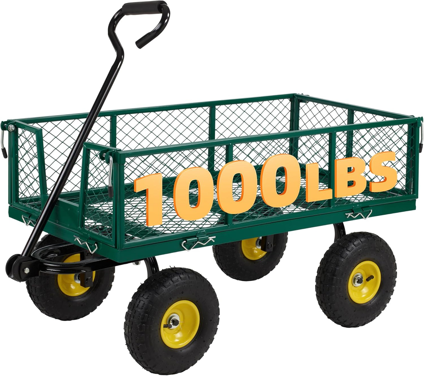 Finnhomy Heavy Duty 1000 Lbs Capacity Mesh Steel Garden Cart, Pullable Garden Wagons Carts on Wheels, Folding Utility Wagon with Removable Sides for Outdoor, Yard, Lawn, Green