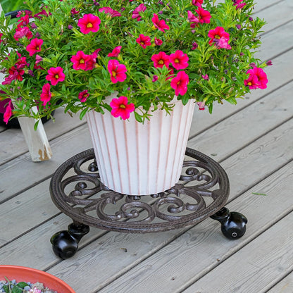Sungmor Heavy Duty Cast Iron Plant Caddy,11" Round Potted Plant Stand Flower Pot Rack on 3 Solid Wheels,Indoor Outdoor Planter Holder Trolley Casters Rolling Tray