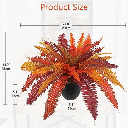 Hollyone Fake Boston Fern in Pot Fall Faux Fern Medium Potted Plant Medium Autumn Decor Plants Outdoor Indoor Autumn Boston Ferns Artificial Plants for Patio Garden Farmhouse Fall Decorations for Home