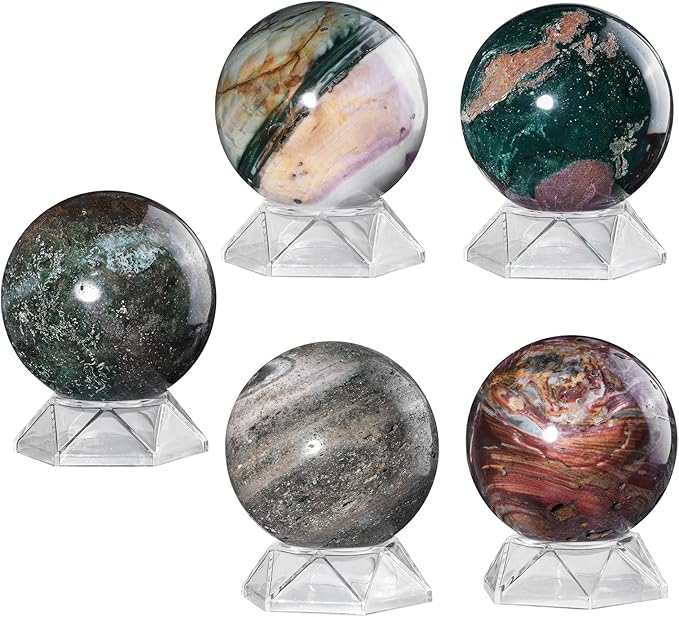 Natural Ocean Jasper Crystal Ball with Acrylic Display Base, 71-80mm Polished Stone Feng Shui Crystal Sphere Meditation Decoration for Home & Office