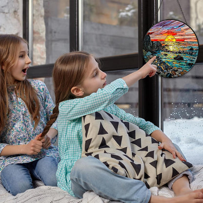 Waves on The Beach Stained Glass Window Hanging Sunset at The Seaside Sun Catcher Beach Lover Gifts for Women Nature Lover Wall Hanger Handmade SunCatcher Decoration, 7.87inch