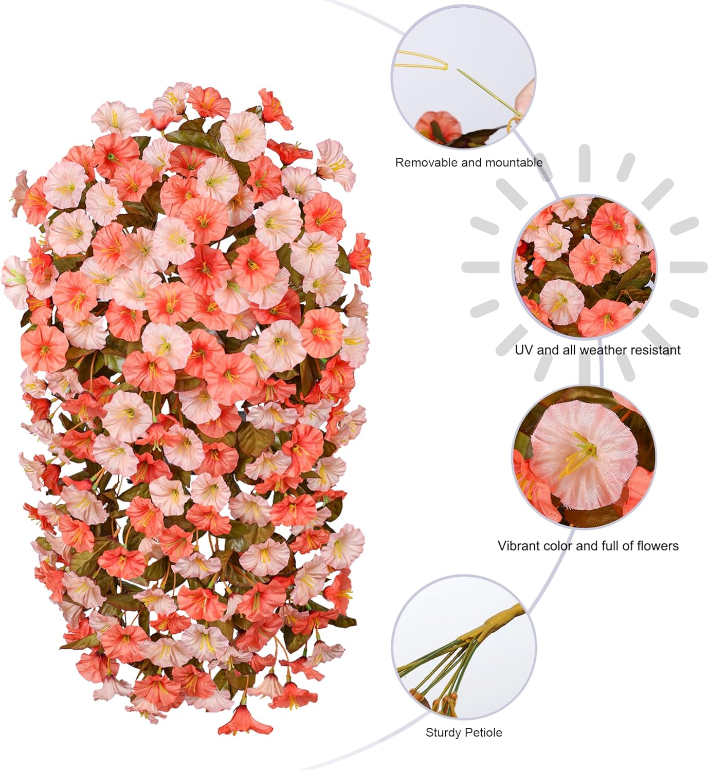 HyeFlora Artificial Fake Fall Hanging Flowers for Outdoor Decor, 2PCS Faux Silk Morning Glory Hanging Plants Mums Vine for Home Garden Wall Party Indoor Outside Decoration (Fall Orange+Light Orange)