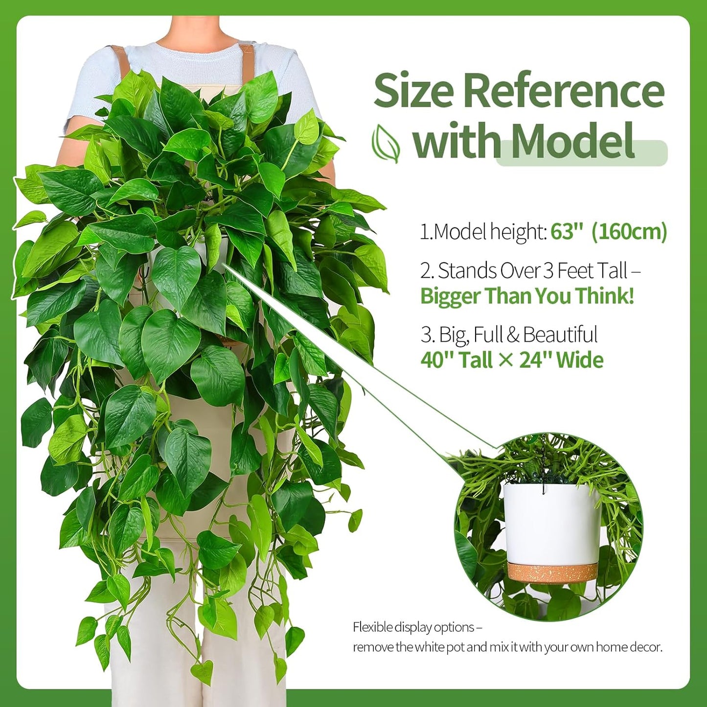 QIANYUN Fake Pothos Ivy Plant for Home Decor – 40" Fake Hanging Plants with Pot, Artificial Silk Greenery for Indoor Shelf, Bedroom, Living Room, Bathroom, or Office Decoration