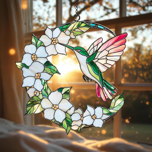 Hummingbird Daisy Hanging Suncatcher Faux Stained Hummingbirds and Flowers for Women Elegant Home