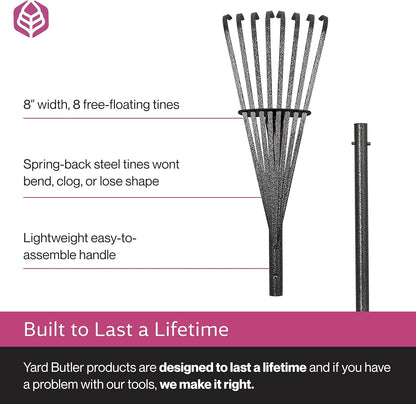 Yard Butler World’s Greatest Shrub Rake | Heavy Duty All Steel Rake with Ergonomic Garden Claw, 20 Free-Floating Tines & Long Metal Handle – Lawn, Yard, Bed, Landscape for Leaves, Grass & Debris, 8"