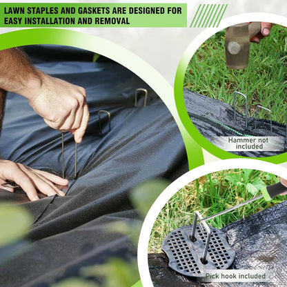 50 Pack Landscape Staples with 50 Pack Gaskets 6" Galvanized Steel Garden Stakes Staples Heavy Duty U-Shaped Lawn Pins for Ground Weed Fabric Barrier Cover Yard Tents