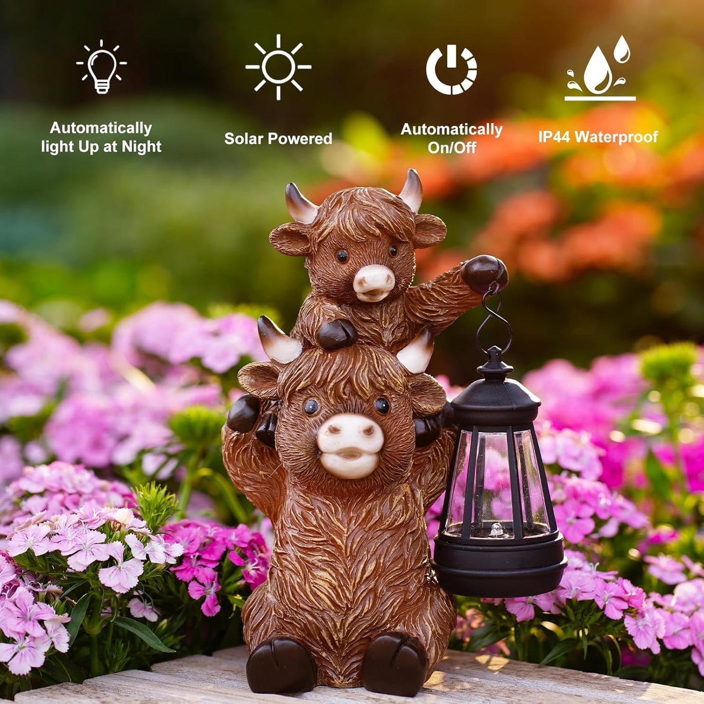 Solar Highland Cow Garden Decor - Resin Cow Statue with Solar Lantern Outdoor Yard Patio Decor - Ideal Gifts for Women,Mom Men (Copper)