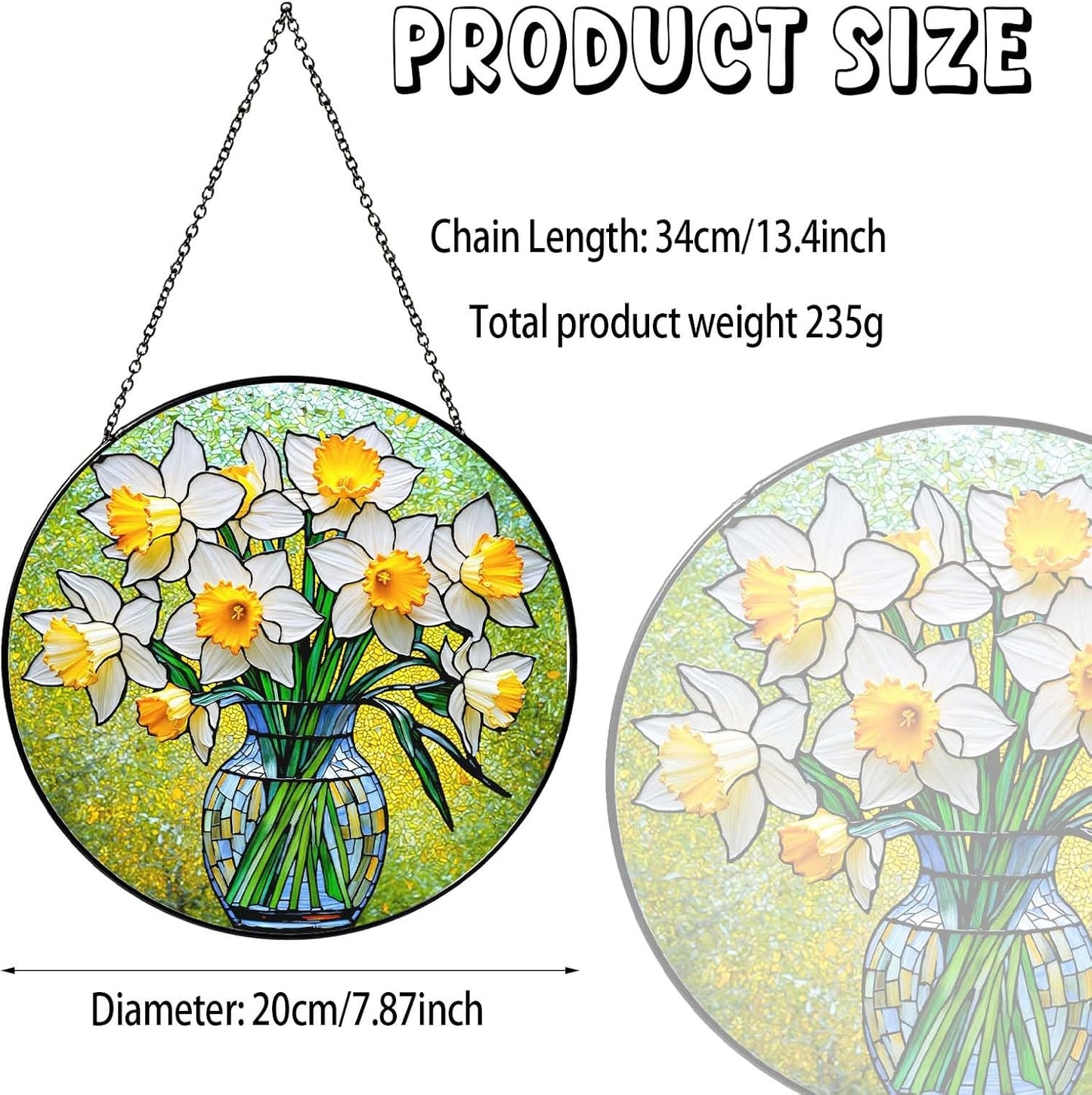 Daffodils Stained Glass Window Hanging Daffodils SunCatcher Plant Flower Gifts for Women Wall Decor Handmade SunCatcher Decoration for Garden Home Decor, 7.87inch