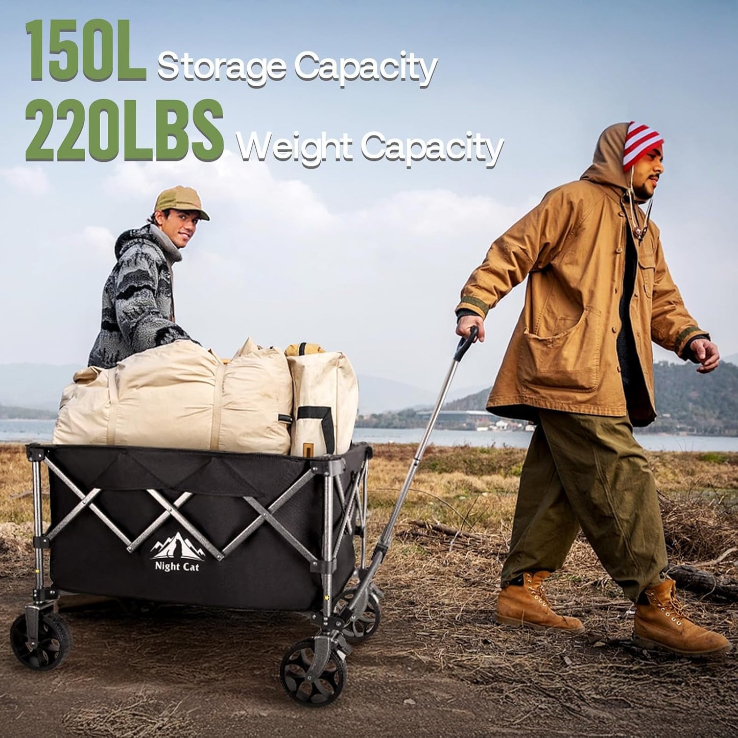 Night Cat Collapsible Wagon for Camping: 150L Garden Gart with Wheels Heavy Duty - Folding Utility Wagon for Outdoor